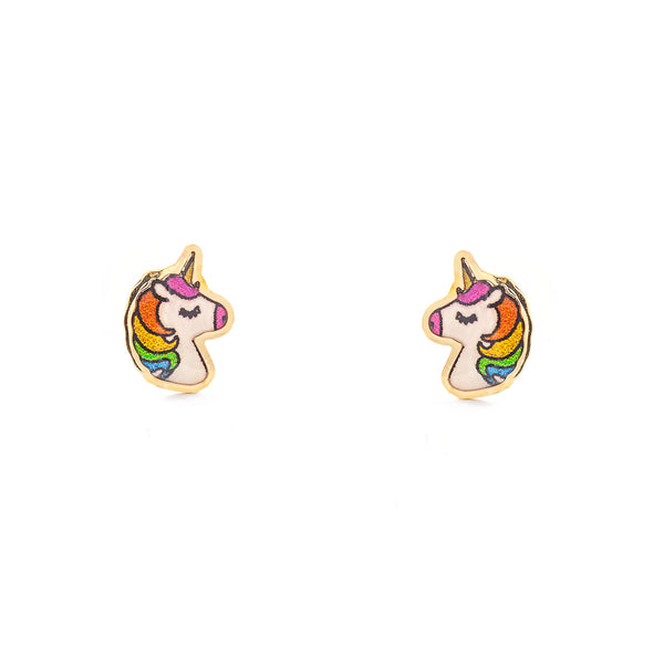 Orecchini ragazza Smalto multicolore Unicorno Oro Giallo 9K