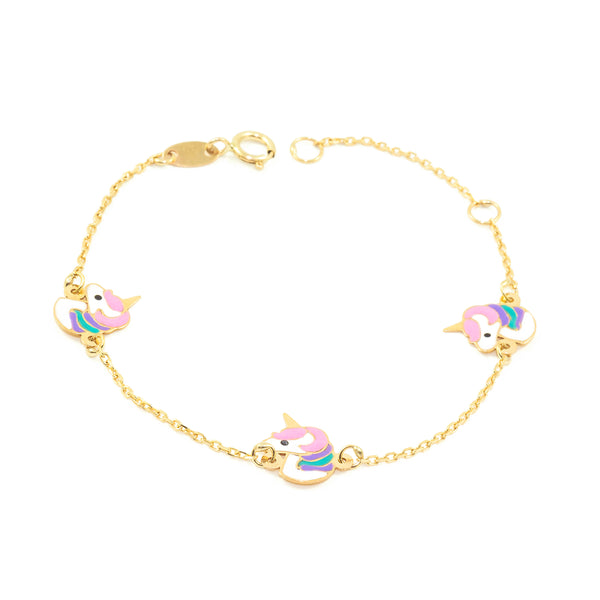 Bracciale Ragazza Oro Giallo 9K Smalto Unicorni Multicolore Brillante 14 cm