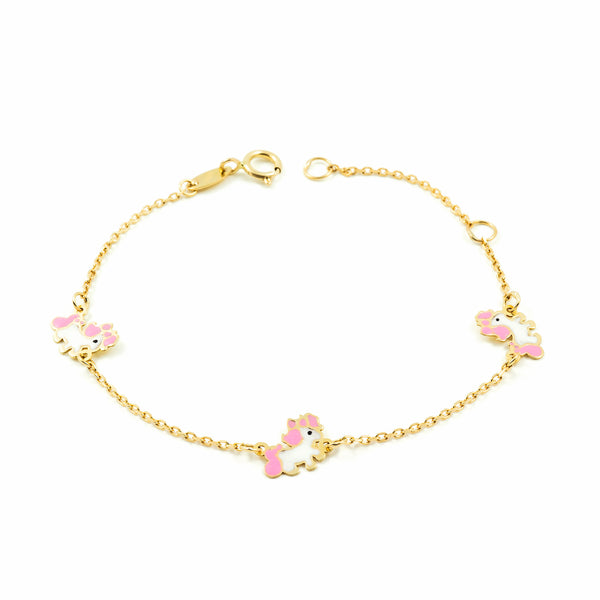 Bracciale Ragazza Oro Giallo 9K Smalto Unicorni Rosa-Bianco Brillante 14 cm