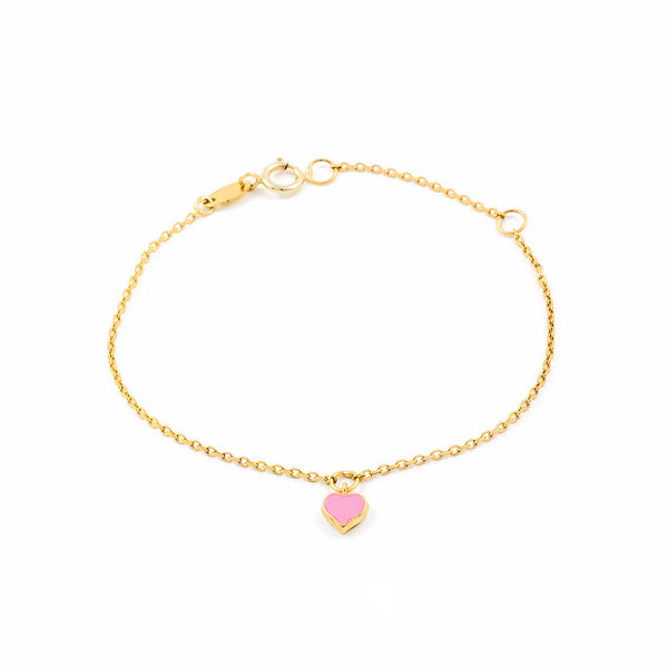 Bracciale Ragazza Oro Giallo 9K Smalto Cuore Rosa Brillante 14 cm