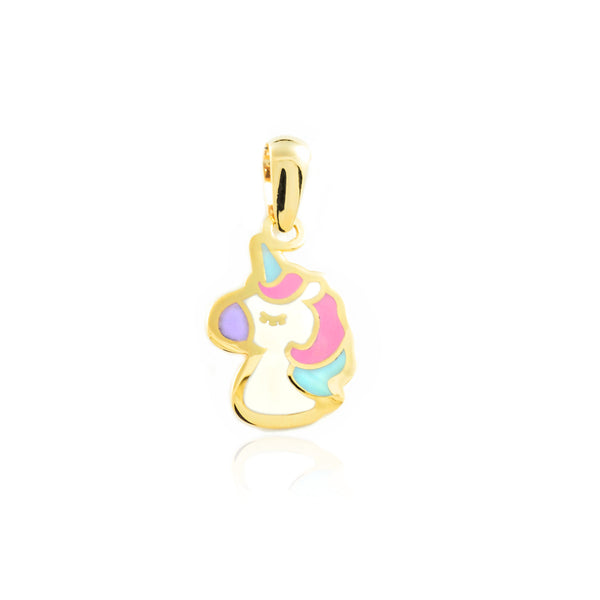 Pendente ciondolo brillante Smalto multicolore Unicorno Oro Giallo 9K