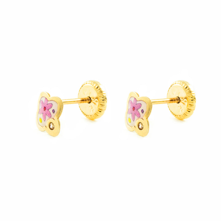 Pendientes Oro Niña flor esmalte colores circón (9kts)