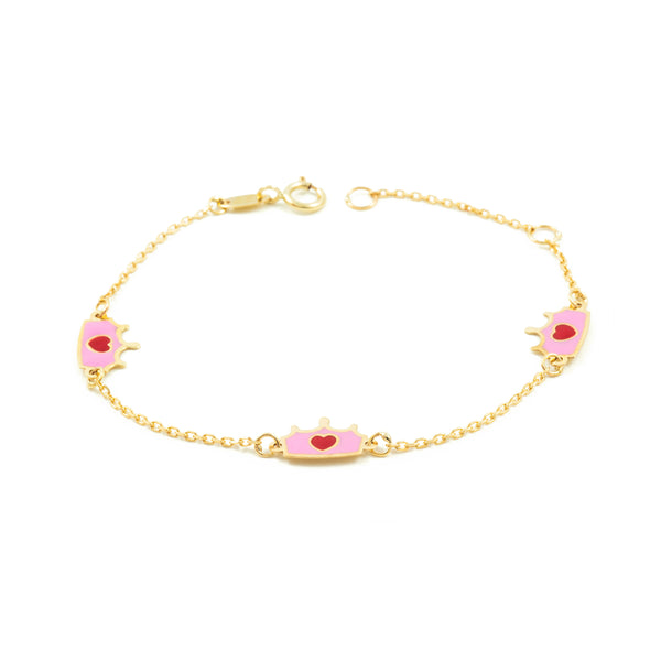 Bracciale Ragazza Oro Giallo 9K Smalto Corona Rosa-Rosso Brillante 14 cm