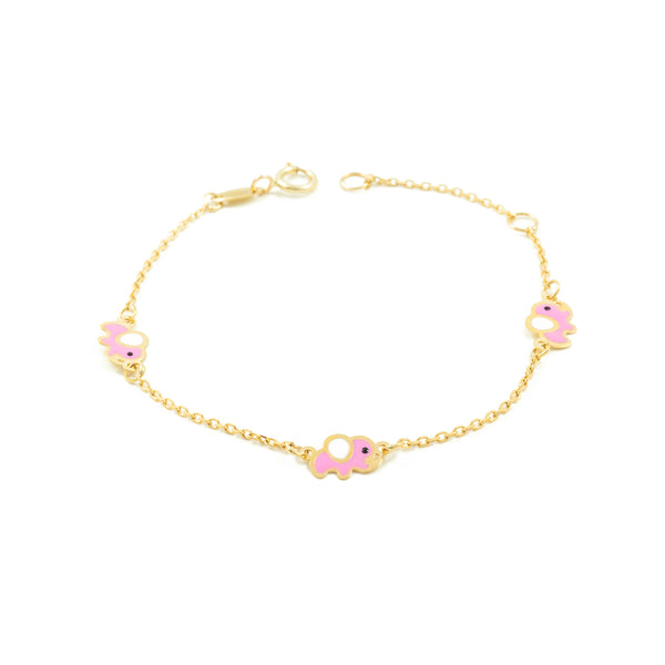 Bracciale Ragazza Oro Giallo 9K Smalto Elefante Rosa-Bianco Brillante 14 cm