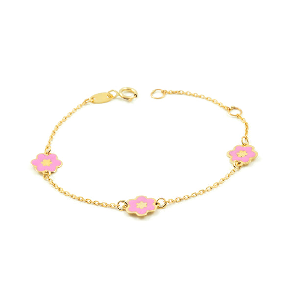 Bracciale Ragazza Oro Giallo 9K Smalto Fiori Rosa Brillante 14 cm