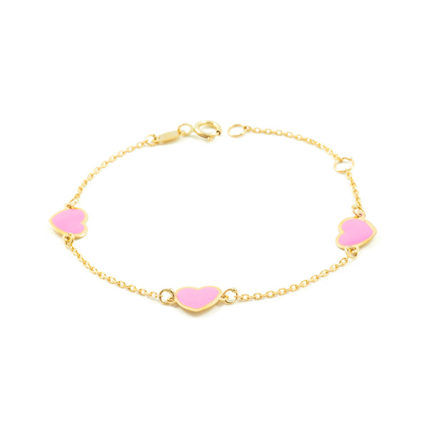 Bracciale Ragazza Oro Giallo 9K Smalto Cuore Rosa Brillante 14 cm