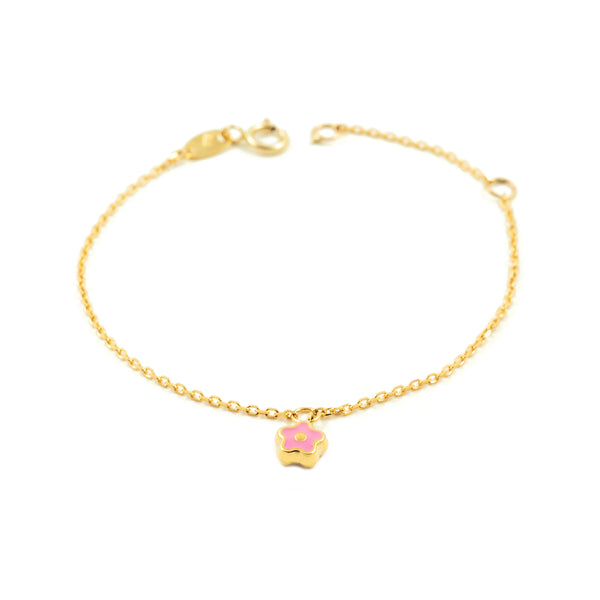 Bracciale Ragazza Oro Giallo 9K Smalto Fiori Rosa Brillante 14 cm