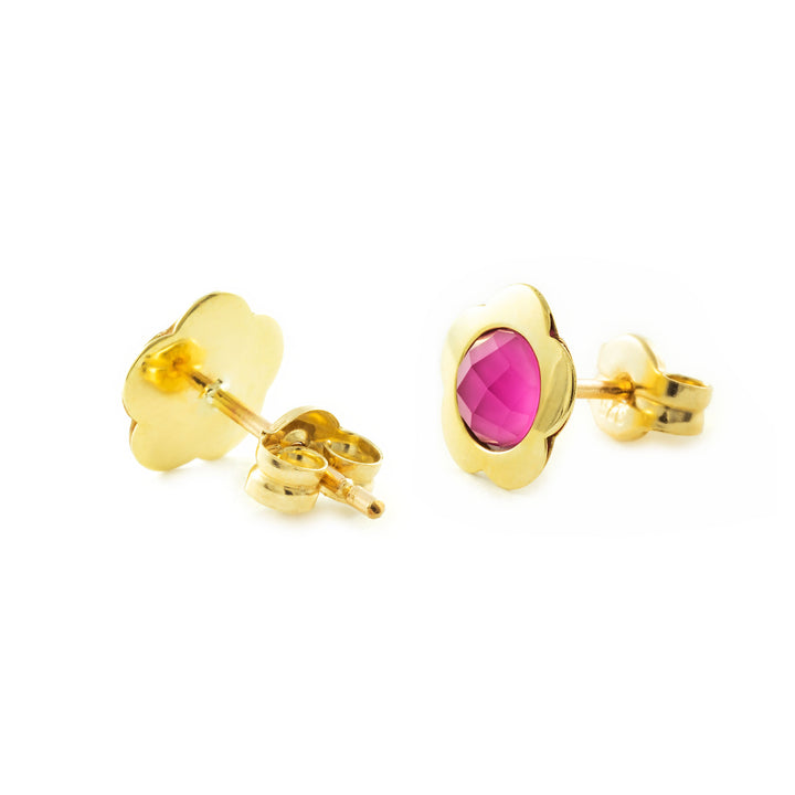 Pendientes oro amarillo niña flor con briolet rosa 