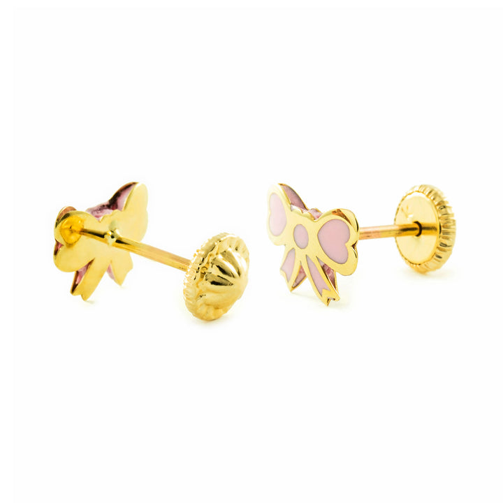 Pendientes Niña oro amarillo lazo esmalte rosa corazones (9kts)