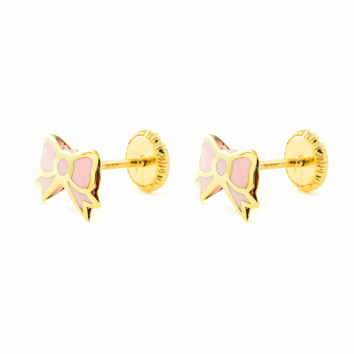 Pendientes Niña oro amarillo lazo esmalte rosa (9kts)