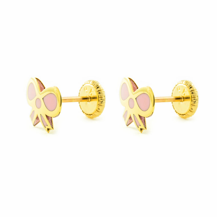 Pendientes Niña oro amarillo lazo esmalte rosa (9kts)