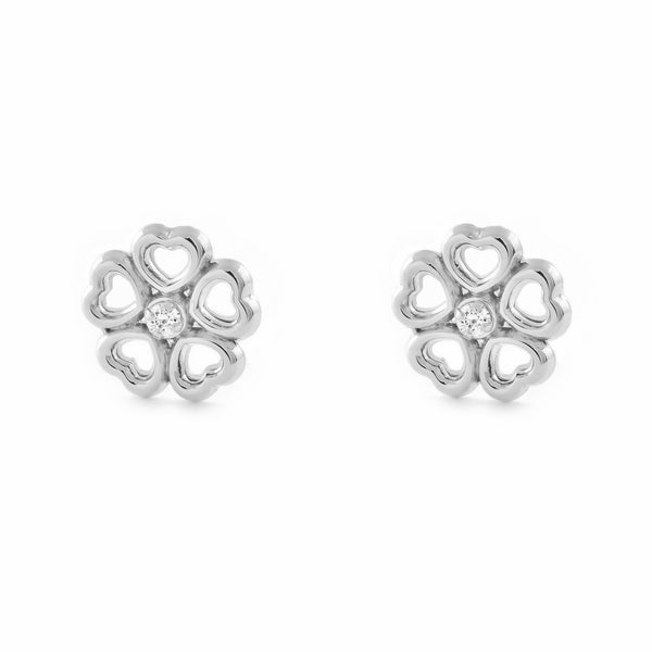 Orecchini ragazza Fiore di Cuori Zircone Oro Bianco 9K