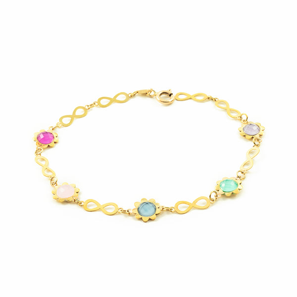 Bracciale Donna Oro Giallo 9K Infiniti Fiori Multicolore Brillante 20 cm