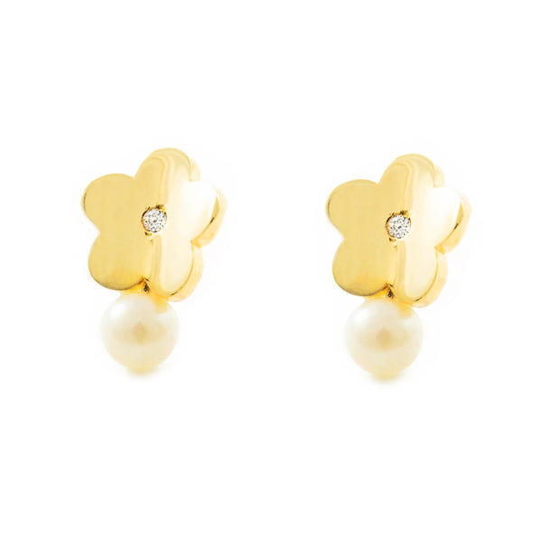 Orecchini ragazza fiore margherita Zircone Perla 3.5 mm Oro Giallo 9K