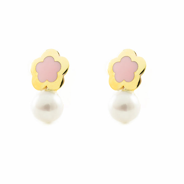 Orecchini ragazza Smalto rosa fiore margherita Perla 4 mm Oro Giallo 9K