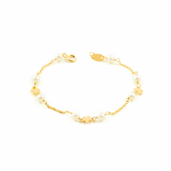 Bracciale Ragazza Oro Giallo 18K Perla Roton3,5 mm Fiori Brillanti 13 cm