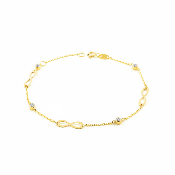 Bracciale Donna Ragazza Oro Giallo 9K Infinito Zirconi Brillanti 18 cm