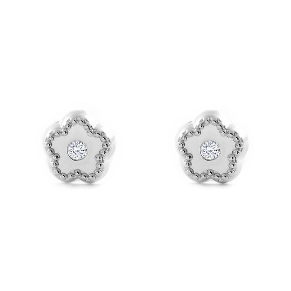 Orecchini bambini ragazza fiore margherita Zircone Oro Bianco 9K brillante e strutturato