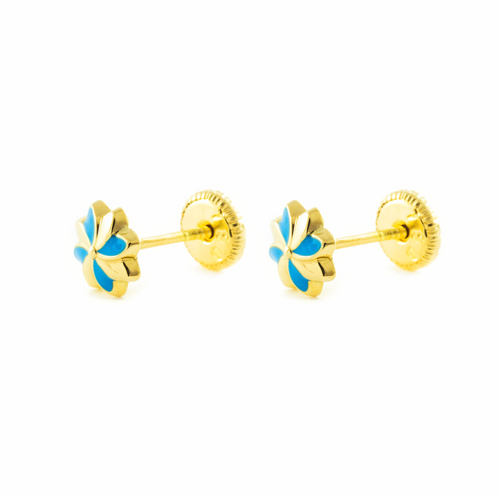 Pendientes oro amarillo niña Flor Esmaltada Azul