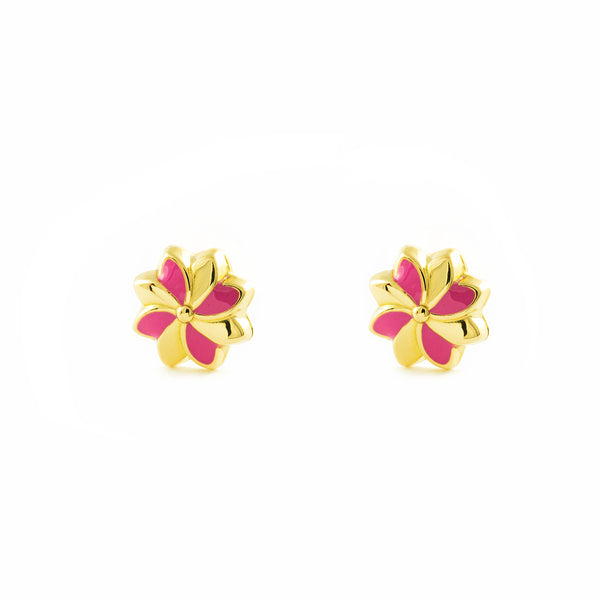 Orecchini ragazza Smalto rosa Fiore Oro Giallo 18K