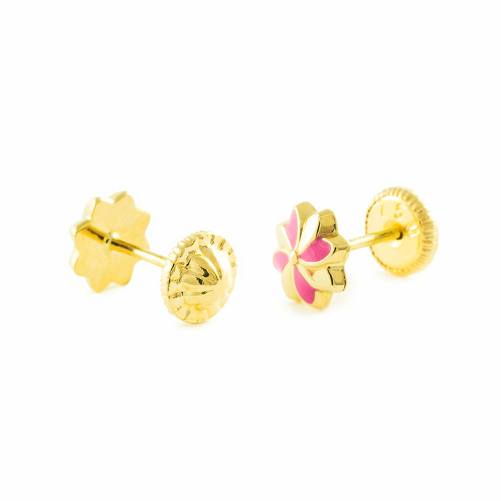 Pendientes oro amarillo niña Flor Esmaltada Rosa