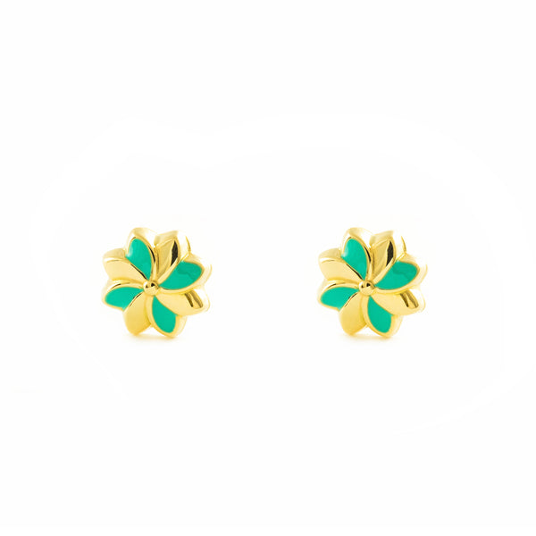 Orecchini ragazza Smalto verde Fiore Oro Giallo 18K