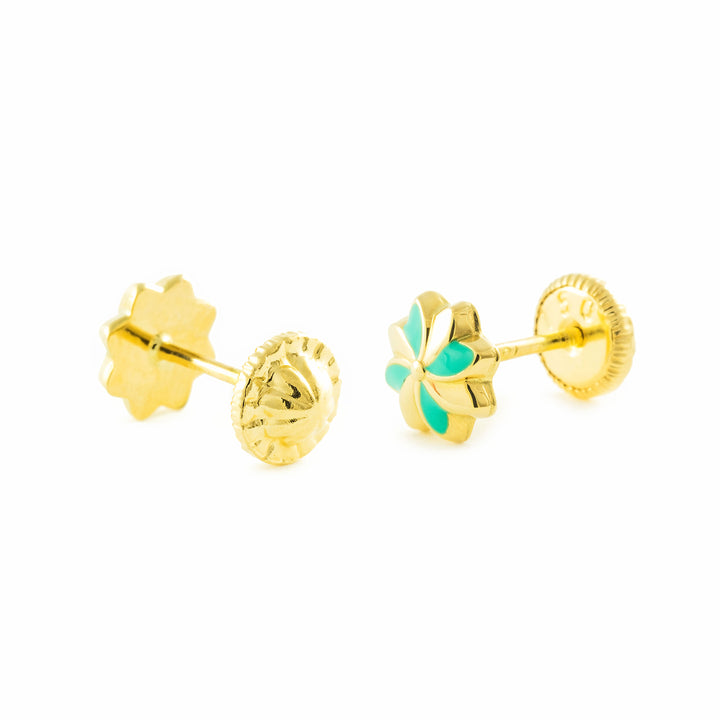 Pendientes oro amarillo niña Flor Esmaltada Verde      