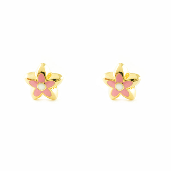 Orecchini bambini ragazza Smalto rosa Fiore Oro Giallo 18K