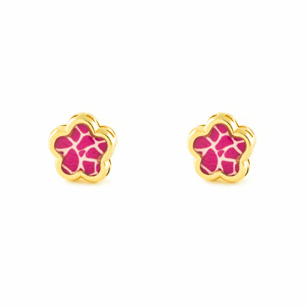 Orecchini ragazza Smalto rosa Fiore Oro Giallo 9K