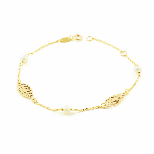 Bracciale Donna Ragazza Oro Giallo 9K Perla Roton3,5 mm Foglie Brillante de 18 cm