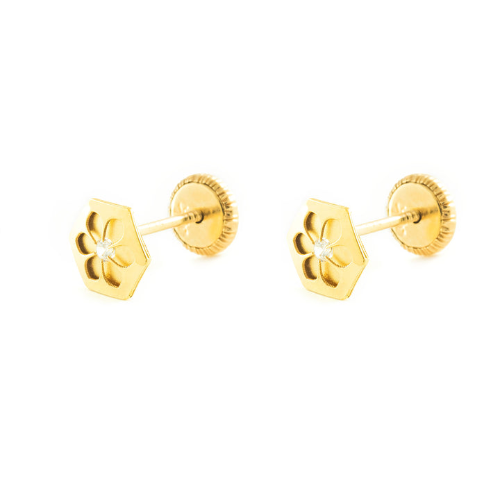 Pendientes Niña Oro 9k Hexagono Circonita Mate y Brillo