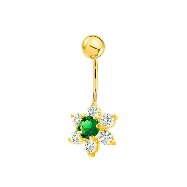 Piercing Ombelico Oro Giallo 9K Fiori di Circonite e Brillante Smeraldo