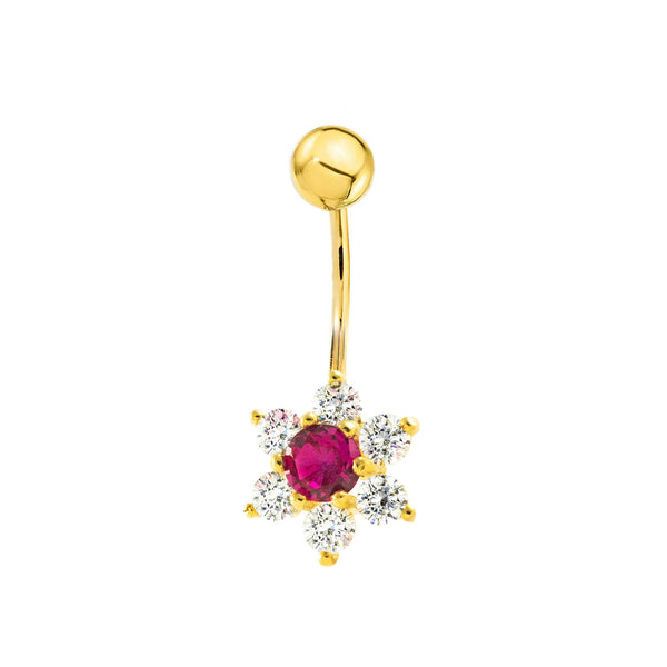 Piercing Ombelico Oro Giallo 9K Fiori di Zirconia e Brillante Rubino