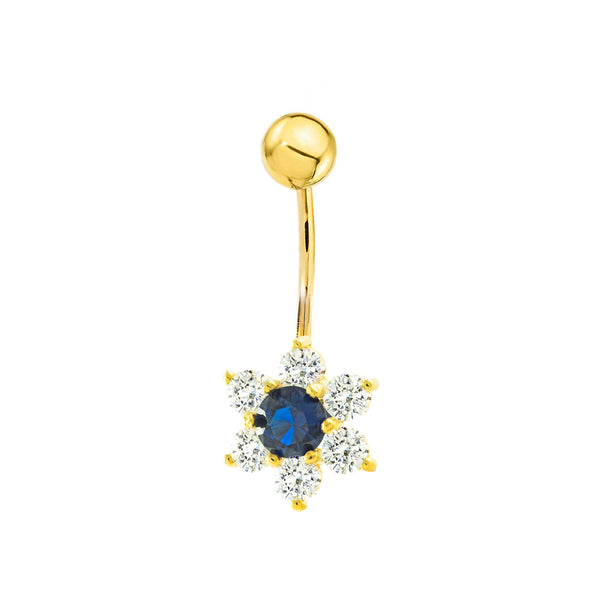 Piercing Oro Giallo 9K Ombelico Fiori di Zaffiro e Circonite Brillanti