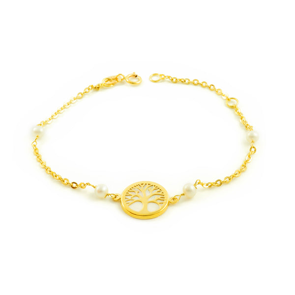 Bracciale Ragazza Oro Giallo 18K Perla Roton3,5 mm Albero della Vita Madreperla Brillante 18 cm