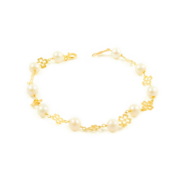 Bracciale Ragazza Oro Giallo 18K Perla Roton5,5 mm a Forma di Trifoglio Brillantezza 18 cm