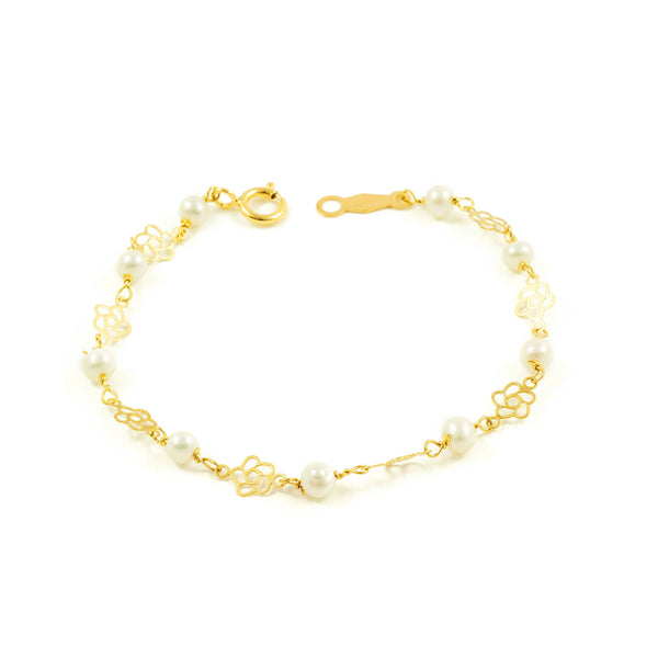 Bracciale Ragazza Oro Giallo 18K Perla Roton3,5 mm Fiori Brillanti 13 cm