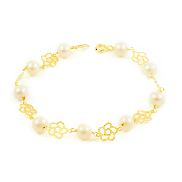 Bracciale Ragazza Oro Giallo 18K Perla Roton6 mm Fiori Brillanti 18 cm