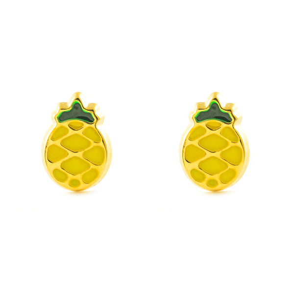 Orecchini ragazza Smalto verde-Giallo Ananas Oro Giallo 18K