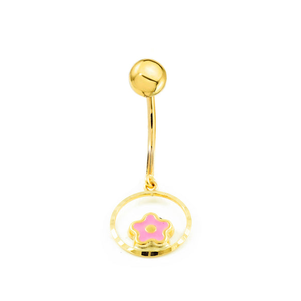 Piercing Ombelico Oro Giallo 9K Finitura Fiori Rosa Brillante