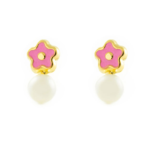 Orecchini ragazza Smalto rosa Fiore Perla 4 mm Oro Giallo 9K