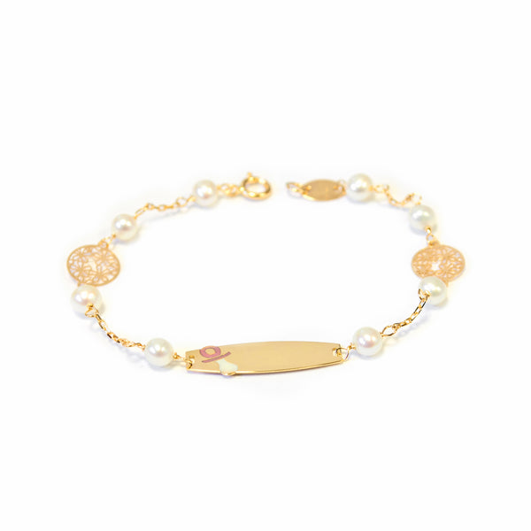 Bracciale Ragazza Oro Giallo 18K Personalizzata Schiava Ciuccio Perla 3,5 mm Brillante 14 cm