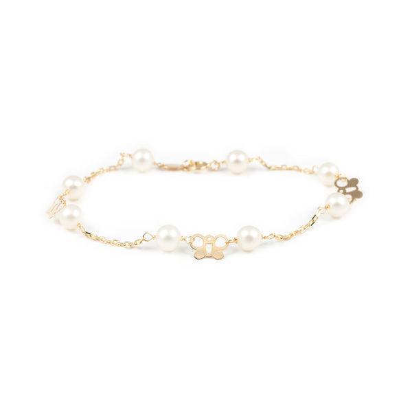 Bracciale Ragazza Oro Giallo 18K Perla Roton5,5 mm Farfalla Brillante 18 cm