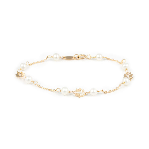 Bracciale Ragazza Oro Giallo 18K Perla Roton3,5 mm Farfalla Brillante 13 cm