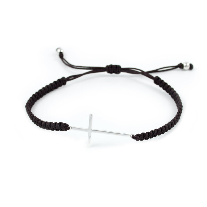 Pulsera macrame marron con cruz en plata