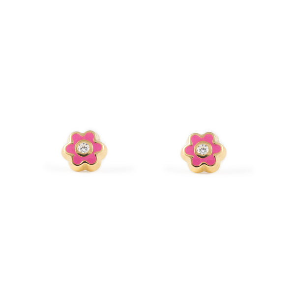 Orecchini bambini ragazza Smalto Rosa Intenso fiore margherita Zircone Oro Giallo 18K