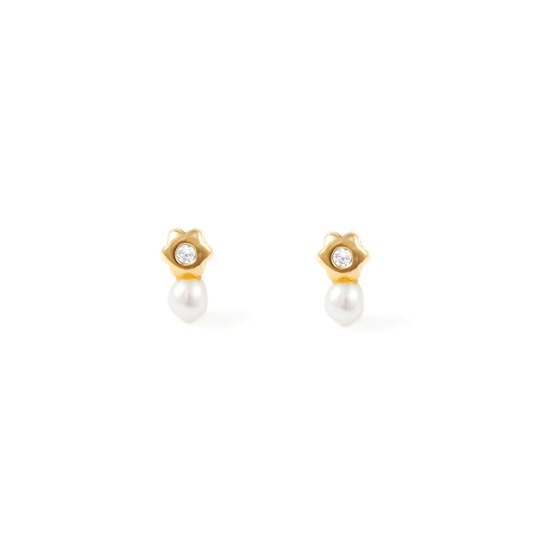 Orecchini bambini ragazza fiore margherita Zircone Perla 3.5 mm Oro Giallo 18K