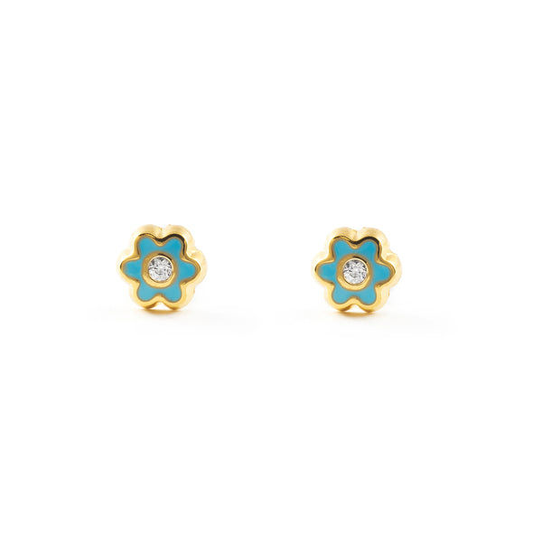 Orecchini bambini ragazza Smalto Blu fiore margherita Zircone Oro Giallo 18K