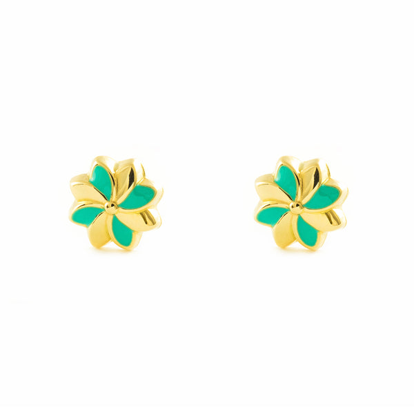 Orecchini ragazza Smalto verde Fiore Oro Giallo 18K