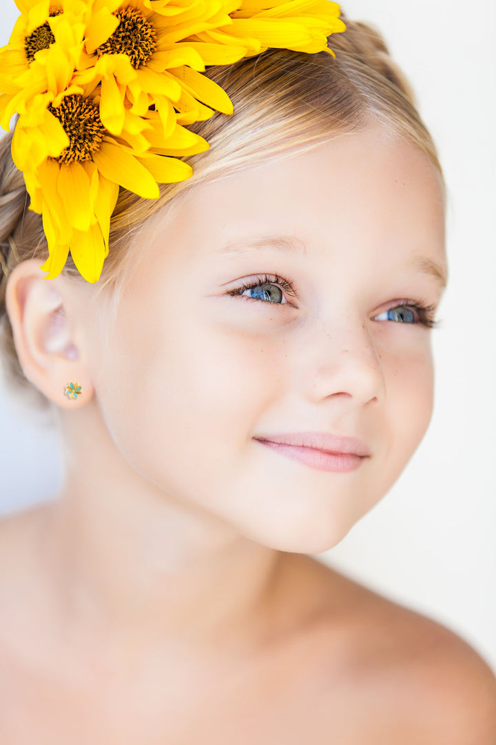 Pendientes Bebe o niña Flor Esmaltada Verde      